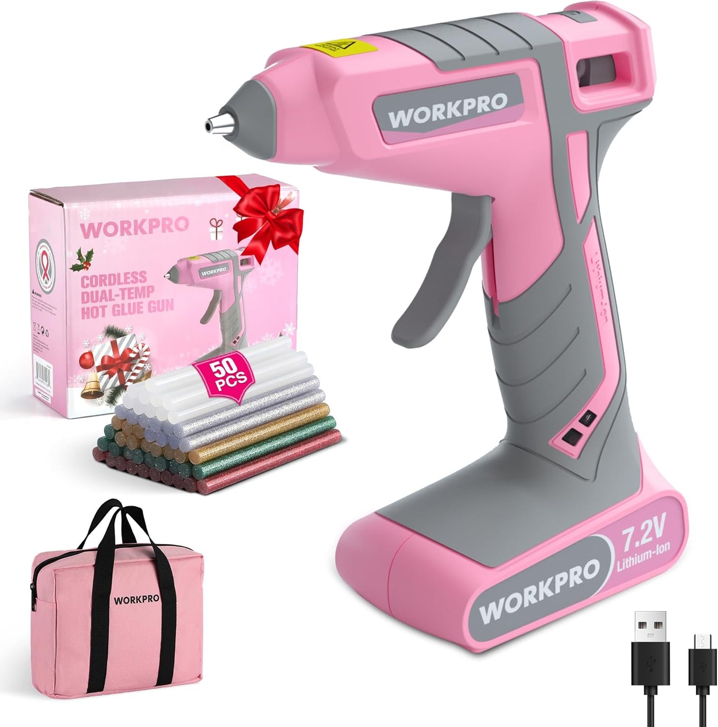 WORKPRO PISTOLA DE PEGAMENTO CALIENTE INALÁMBRICA 7.2V – KIT CON 50 BARRAS DE SILICÓN